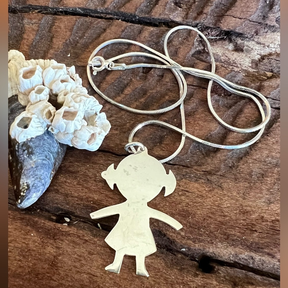 Taxco Mexico Sterling Necklace Girl Silhouette TO-34 ADC Pendant Snake Chain 16”